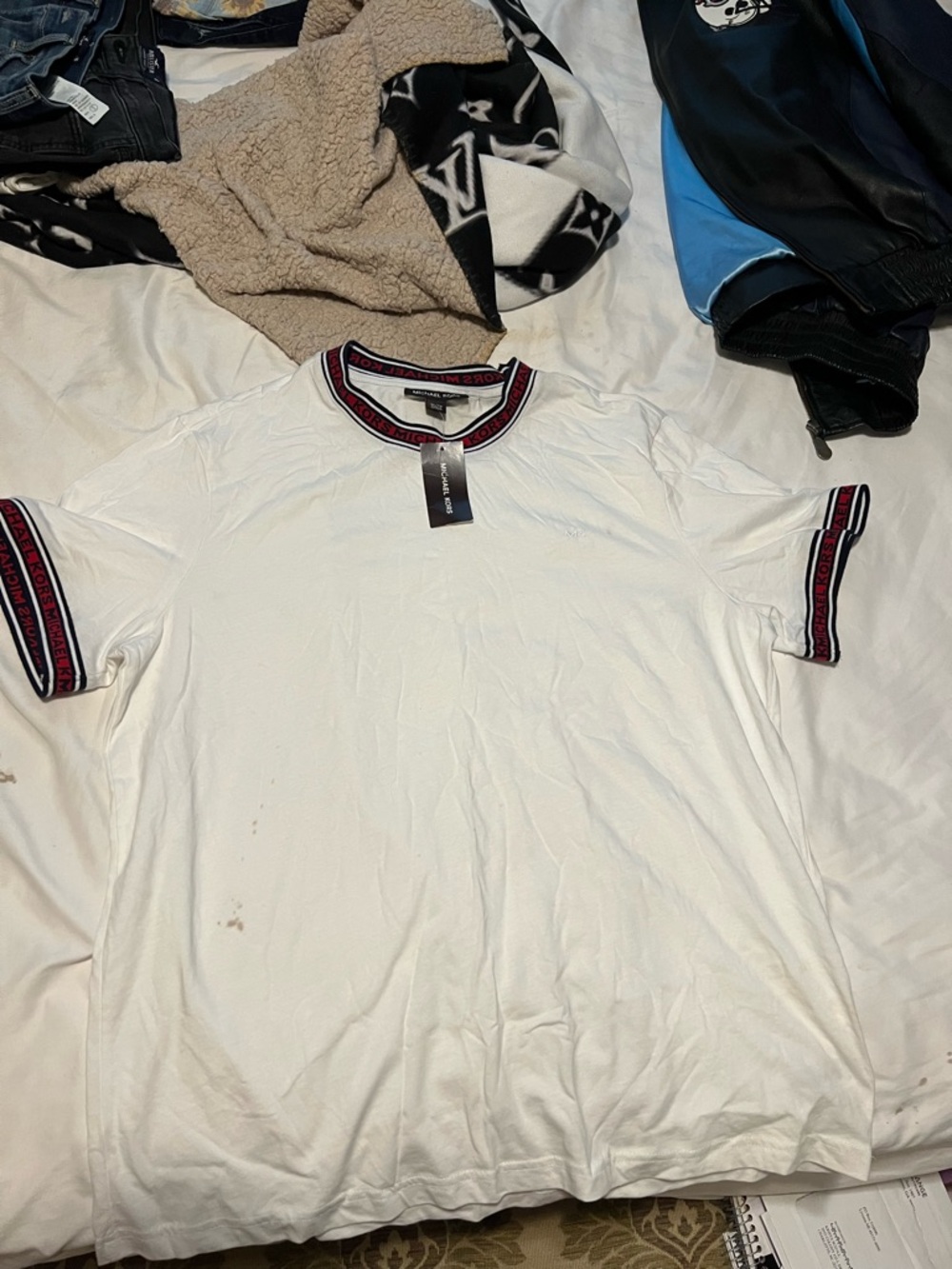 Michael Kors White Short-Sleeve Tee with Red-Trim Crewneck